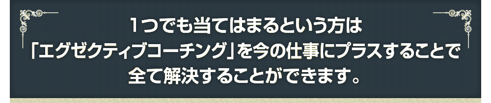 1つでも当てはまるという方は「エグゼクティブコーチング」を今の仕事にプラスすることで全て解決することができます。